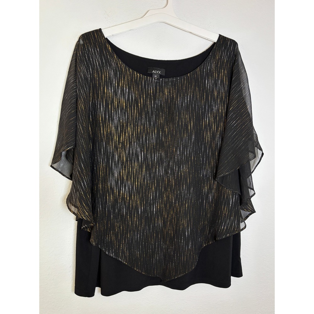 Alyx Black Metallic Gold Silver Striped Chiffon Overlay Blouse Plus Size 3X